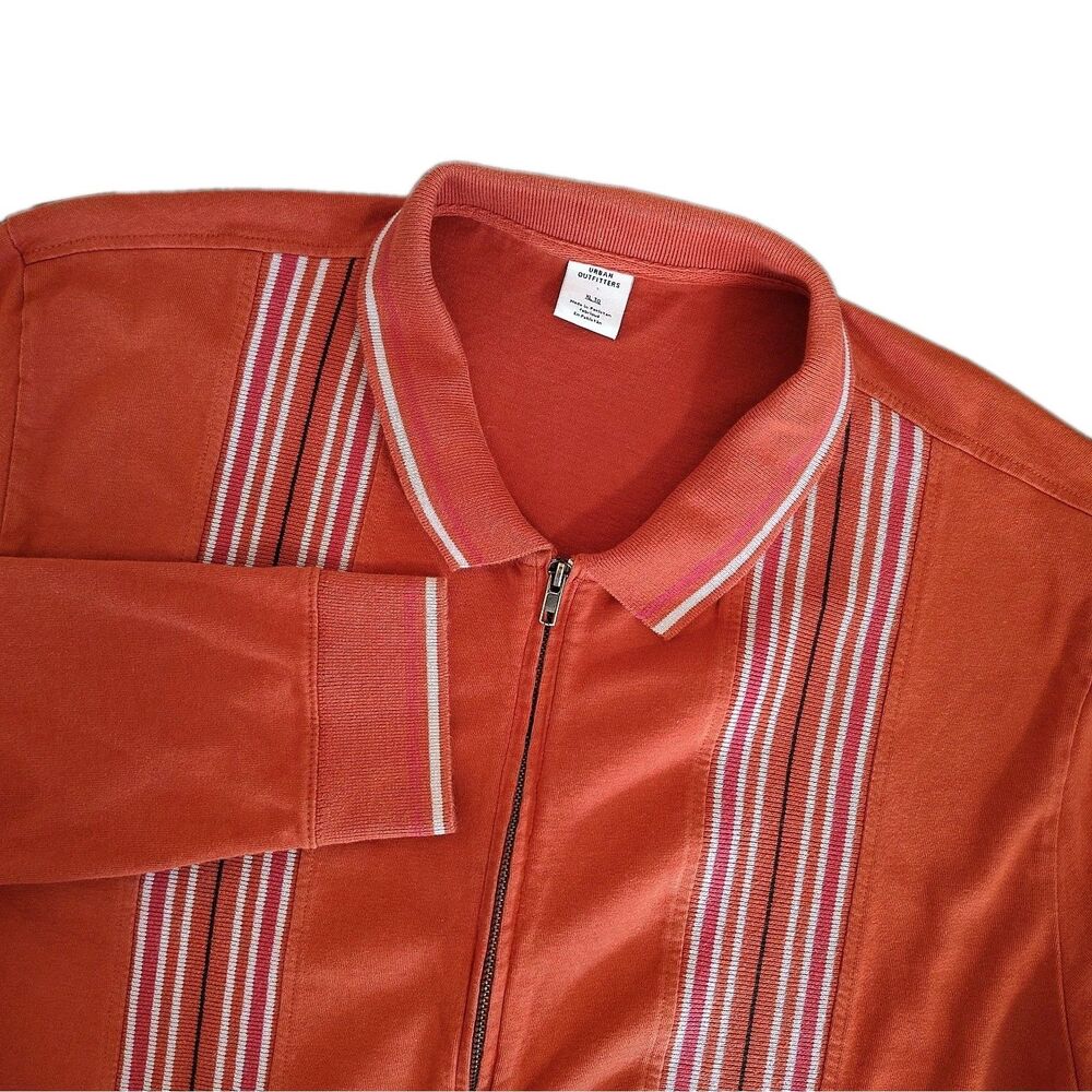 Urban Outfitters Mens XL Orange Stripe Full Zip Cotton Sweater Retro Bowling